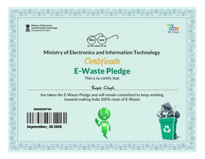 E-Waste Pledge Certificate for Sustainable Real Estate Mathura